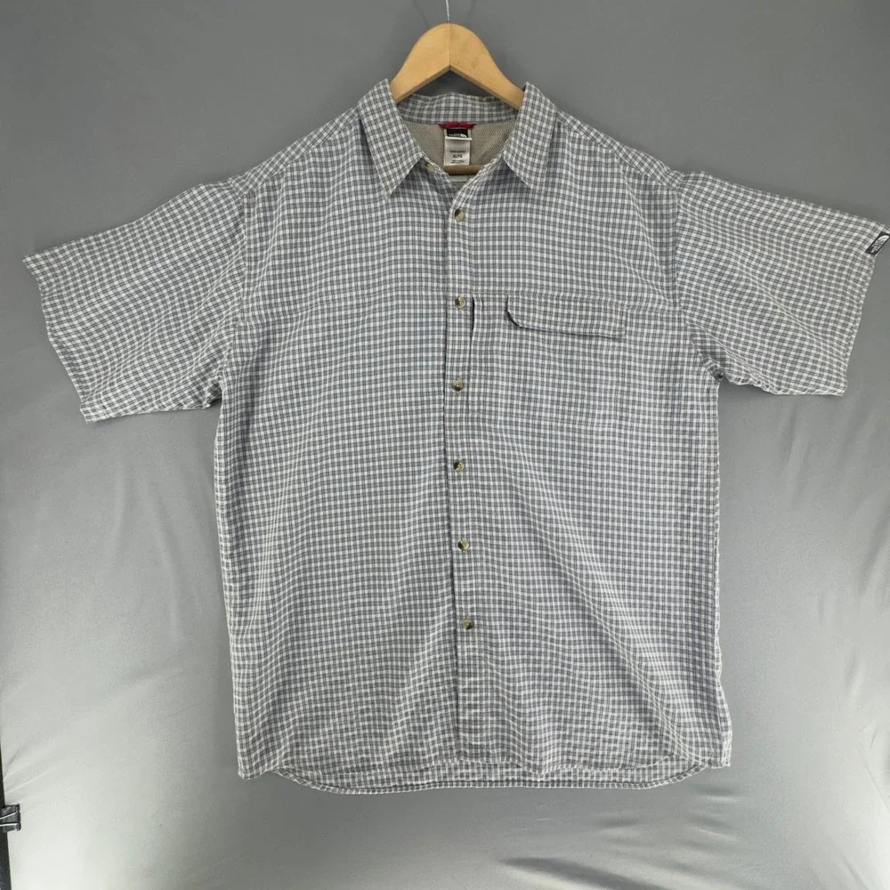 The North Face Mens XL Blue Plaid Short Sleeve Button Down Shirt AXU7 Hiking